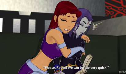 Lesbian Starfire rubbing girlfriend's Raven clit with fingers