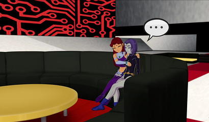 Lesbian Starfire rubbing girlfriend's Raven clit with fingers