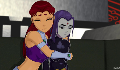 Lesbian Starfire rubbing girlfriend's Raven clit with fingers