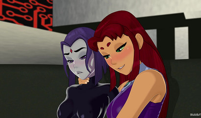 Lesbian Starfire rubbing girlfriend's Raven clit with fingers