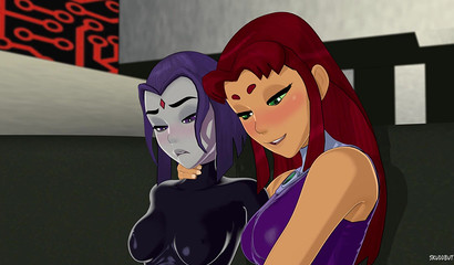 Lesbian Starfire rubbing girlfriend's Raven clit with fingers