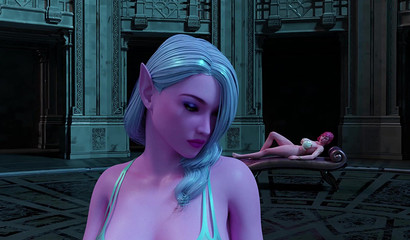 Elven with futa cock cum on face and big tits of a beautiful girl after sex