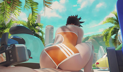 Hot girl Tracer in swimsuit fuck in cowgirl position on the beach