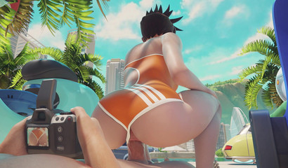 Hot girl Tracer in swimsuit fuck in cowgirl position on the beach