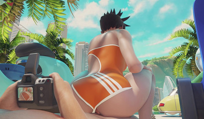 Hot girl Tracer in swimsuit fuck in cowgirl position on the beach