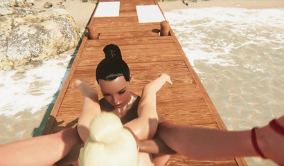 A dark-skinned girl with futa-cock fucks a girlfriend's ass next to the sea