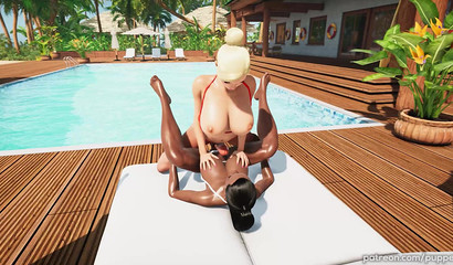 Ebony & white girls with futa-cocks arranged double penetration chick in bikini