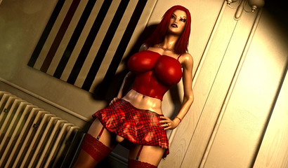 Redhead busty whore show her horny futa-dick from under the skirt