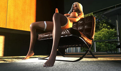 Horny futa blonde in white stockings masturbates and cums