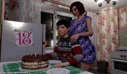 Long-haired guy fucks mom with futanari cock in the ass on his birthday