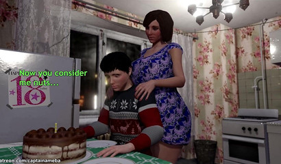 Long-haired guy fucks mom with futanari cock in the ass on his birthday