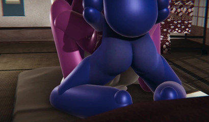 Blue from Among Us fucks White and Pink futanari cock