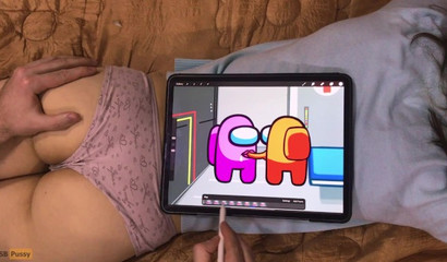 The artist draws anime with characters Among Us and gives a massage to her friend's buttocks