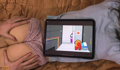 The artist draws anime with characters Among Us and gives a massage to her friend's buttocks