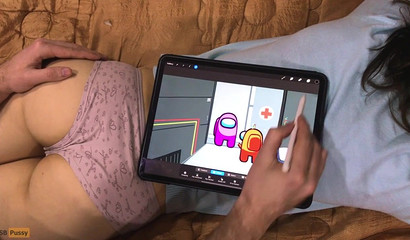 The artist draws anime with characters Among Us and gives a massage to her friend's buttocks