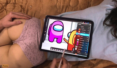 The artist draws anime with characters Among Us and gives a massage to her friend's buttocks