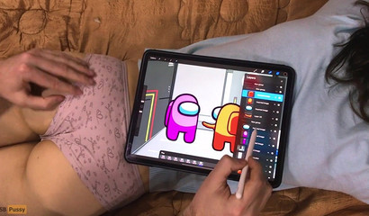 The artist draws anime with characters Among Us and gives a massage to her friend's buttocks