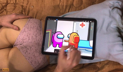 The artist draws anime with characters Among Us and gives a massage to her friend's buttocks