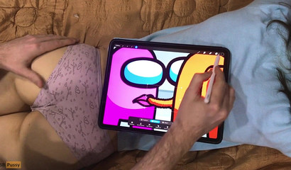 The artist draws anime with characters Among Us and gives a massage to her friend's buttocks