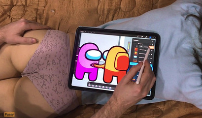 The artist draws anime with characters Among Us and gives a massage to her friend's buttocks