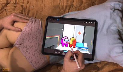 The artist draws anime with characters Among Us and gives a massage to her friend's buttocks