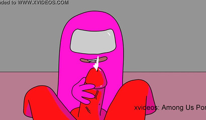 Pink character from Among Us sucks red teammate's cock