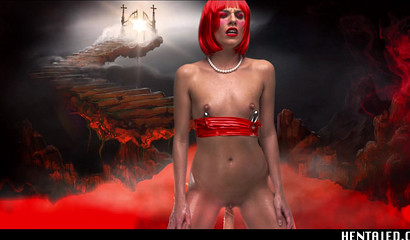 Redhead girl sitting on a dildo and enjoying bukkake