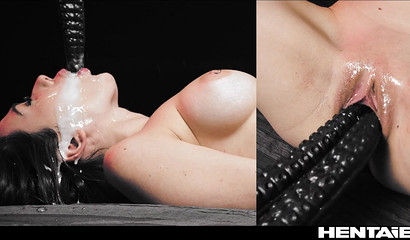 Slippery tentacles fuck a brunette with a shaved pussy