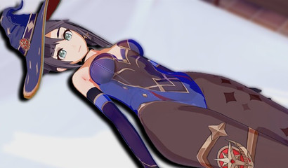 Cartoon witch in a Mona hat from Genshin Impact cums sitting on a dick