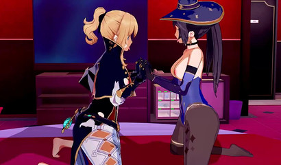 Threesome with cartoon girls Mona and Jean, hentai porn Genshin Impact
