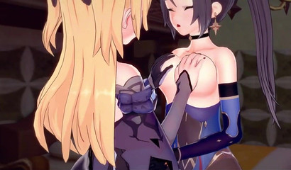 我会舔你的阴部发光！ 口交的女同性恋者Mona和Fischl在色情Genshin影响