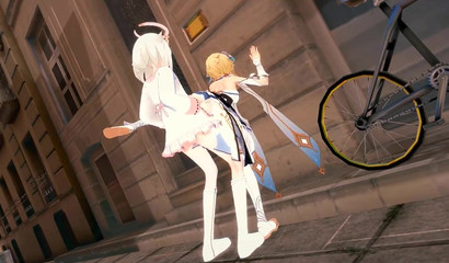 Transgender Paimon and blonde Lumine engaged in public sex on the street