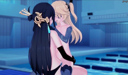 Lésbica Beidou fodida com strapon Loira Fischl, sexo hentai quente na piscina