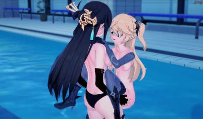 Lésbica Beidou fodida com strapon Loira Fischl, sexo hentai quente na piscina