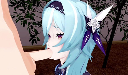 A satisfied guy finished in the mouth of Yula from Genshin Impact after a blowjob