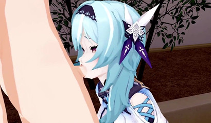 A satisfied guy finished in the mouth of Yula from Genshin Impact after a blowjob
