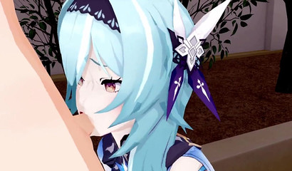 A satisfied guy finished in the mouth of Yula from Genshin Impact after a blowjob