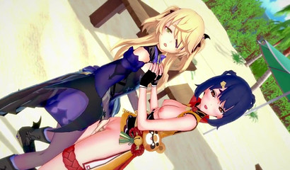 Moaning girls Xiangling and Fishl engaged in lesbian sex on the beach