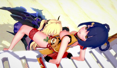 Moaning girls Xiangling and Fishl engaged in lesbian sex on the beach