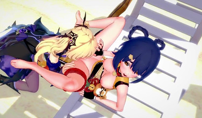 Moaning girls Xiangling and Fishl engaged in lesbian sex on the beach