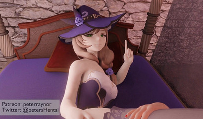 Futanari bitch Amber thrusts her dick into the pussy of brunette Lisa from Genshin Impact