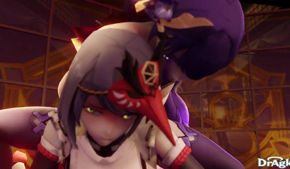 Double penetration into 3d bitch Kujou Sara, hot animated porn