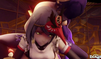 Double penetration into 3d bitch Kujou Sara, hot animated porn