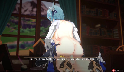 Cartoon girl Eula sits on a dick with a wet vagina