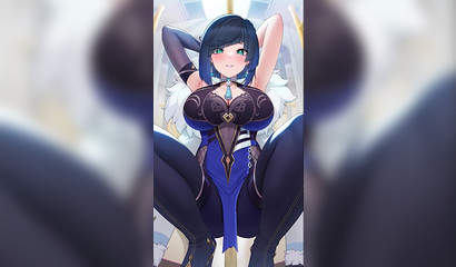 Blue-haired nymphomaniac Yelan and her big tits will seduce you