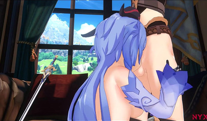 Sweet blowjob with penis masturbation performed by the girl Ganyu from the porn game Genshin Impact