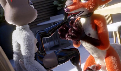 Judy bunny in latex jerks off a fox member from Zveropolis" with her foot"