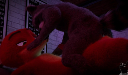 A raccoon from Zveropolis rides on a member of Nick Wilde's fox