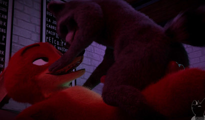 A raccoon from Zveropolis rides on a member of Nick Wilde's fox