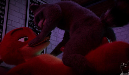 A raccoon from Zveropolis rides on a member of Nick Wilde's fox